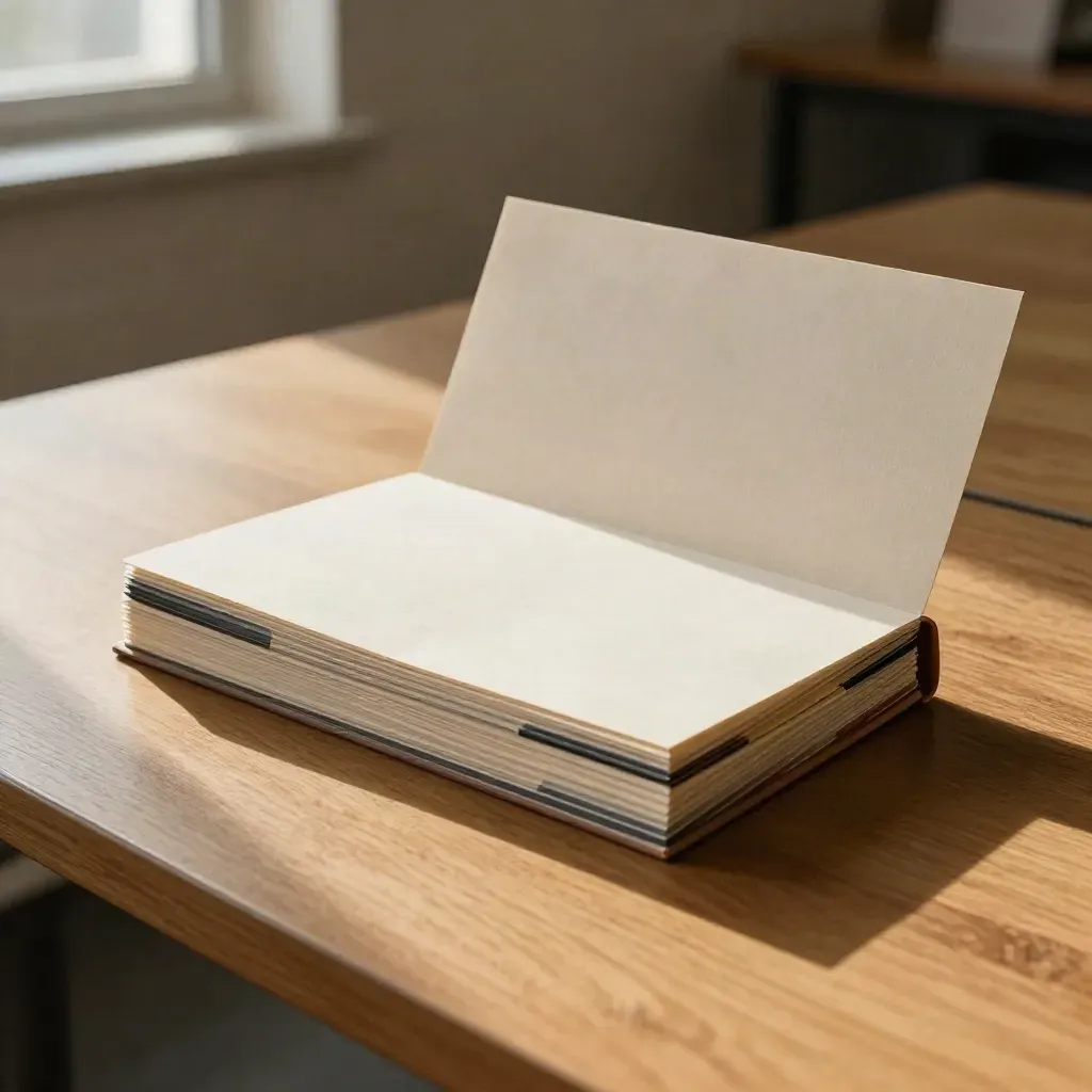 Workshopmaterialen met kleurtabbladen en stoffen etui op een warme houten tafel.