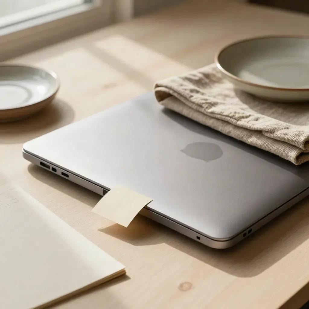 Gesloten laptop met linnen doek en keramisch schaaltje op lichte houten ondergrond.